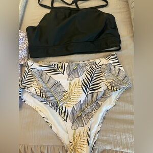 NEW, Shein curve Women's black top Tankini Bikini Top Tropical Print Bottoms 0X